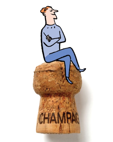 Illustration of person sitting on champagne cork