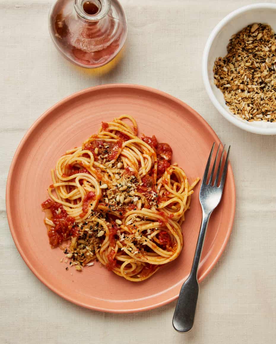 Meera Sodha’s kimchi and tomato spaghetti with sesame breadcrumbs.