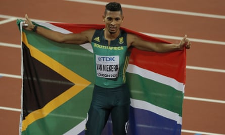 Wayde van Niekerk celebrates after winning the men’s 400m final at the 2017 World Athletics Championships in London