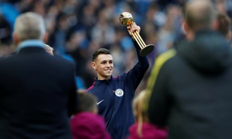 Manchester City’s Phil Foden with his Golden Ball trophy from the Under-17s World Cup before the match with Arsenal at the start of November