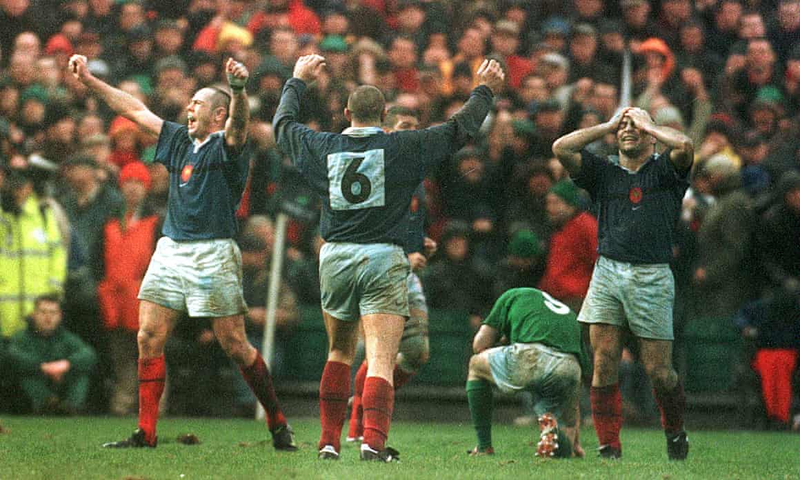 French players celebrate beating Ireland 10-9 in 1999 to leave the home scrum-half, Connor McGuinness, slumped on the Lansdowne Road turf.