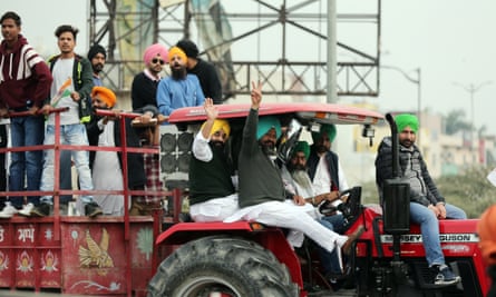 Protesters in Amritsar take part in a demonstration supporting farmers during the launch of a national strike.