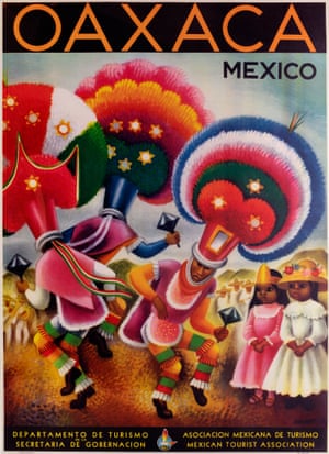 Mexican Tourist Association poster for Oaxaca, featuring Plume dancers and illustrated by Miguel Covarrubia.