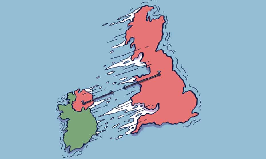 Illustration of a rope between Britain and Ireland fraying apart