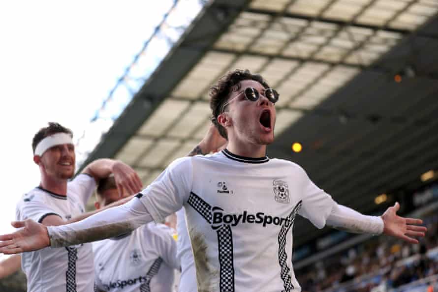 Coventry City’s Callum O’Hare celebrates scoring their fourth goal.