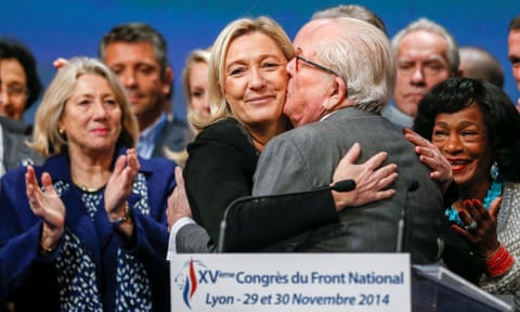 Marine Le Pen, France’s National Front party leader, embraces her father, Jean-Marie Le Pen