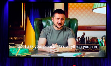 Volodymyr Zelenskiy speaks via a video message at the Frankfurt international book fair 2022.