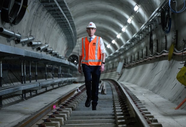 NSW premier Dominic Perrottet at the laying of the final piece of track for the Sydney Metro City on 31 August