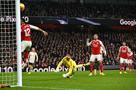 Arsenal’s keeper David Raya (centre) and defenders look on as Conor Bradley’s shot hits the crossbar during their goalless draw against Liverpool at the Emirates earlier this month.