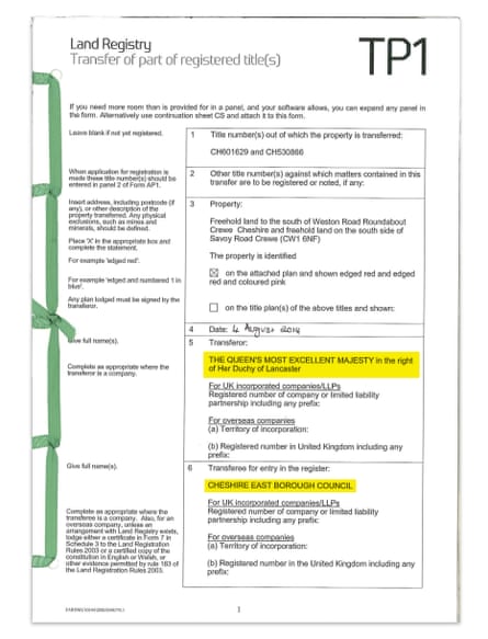 Land registry document with section highlighted