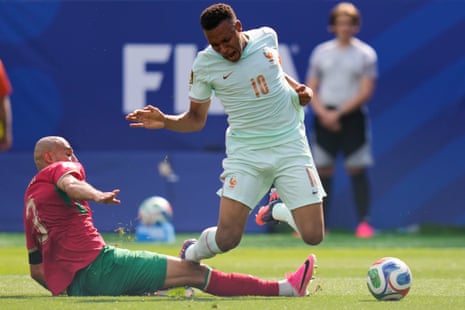 Noussair Mazraoui Kylian Mbappe for a penalty to France.