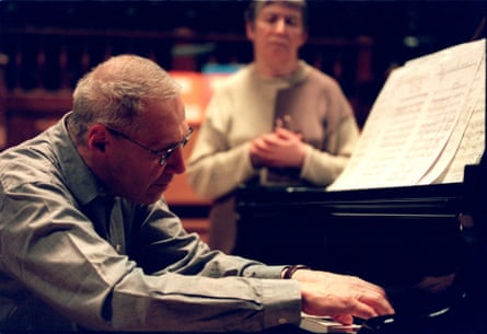 György Kurtág at the piano in 2001 in Budapest, watched by his wife, Márta.
