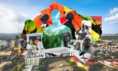 collage of imagery pertaining to Jamaica and slavery: landscapes, statues, postage stamps, vintage illustrations, the flag, plus some abstract figures and shapes