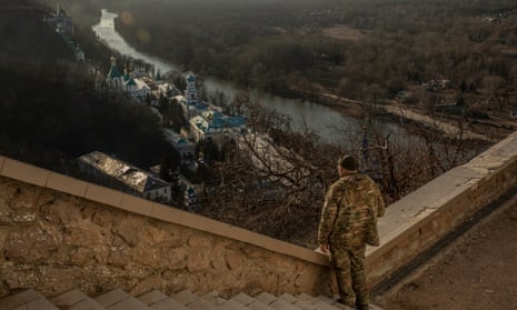 View from a Soviet war memorial over the city of Sviatohirsk and the Siverskyi-Donets river. The Russians in 2022 occupied territory across the river
