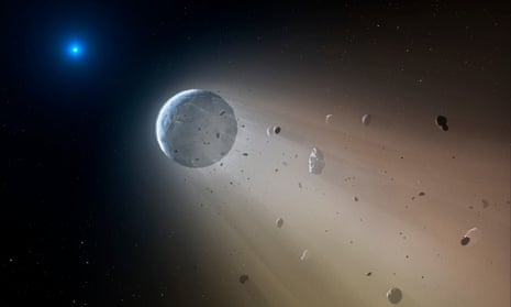 An artist’s interpretation of the events, captured by Kepler 2, showing a Ceres-like asteroid slowly disintegrating as it orbits a white dwarf star.