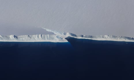 Fracture at the front of Ross ice shelf, the largest in Antarctica. A platform of ice nearly four times the size of the UK is at risk of collapse.