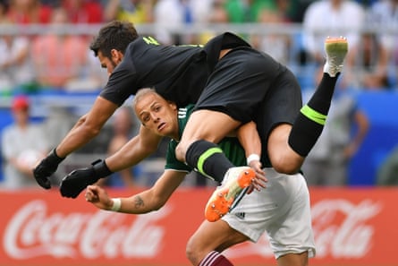 Javier Hernandez, jumped by Brazil’s Brazil’s goalkeeper Alisson.