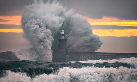 Waves crash onto South Shields pier in north east England on Thursday morning.