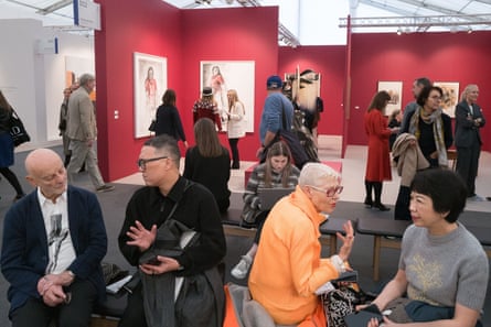 Take the weight off … Barbara Walker paintings in the background at Frieze.