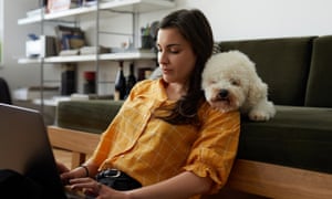 Take break day and transfer workplace features on-line: 10 methods to win on the new method of working | The brand new guidelines of labor 1 Young woman working from home with her dog.
