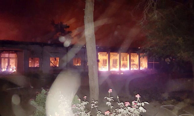Fires burn in part of the MSF hospital hit by an airstrike.