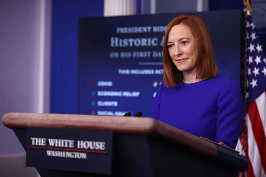 Jen Psaki conducts her first news conference of the Biden administration at the White House on 20 January.