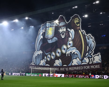 Aston Villa fans unfurl a Viking-themed tifo before kick-off.
