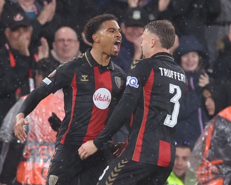 Amine Adli celebrates after scoring Bournemouth's third.