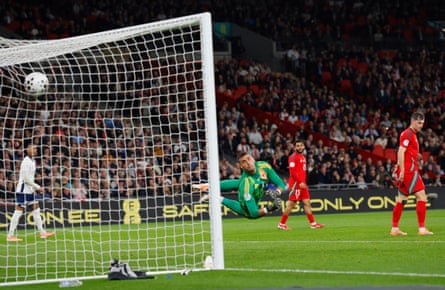 Bukayo Saka scores England’s third goal against Wales.