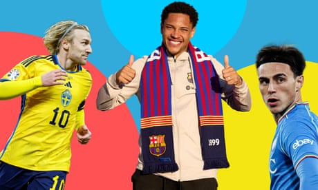 Left to right: Sweden's Emil Forsberg, Barcelona unveil their new signing Vitor Roque, 
Eljif Elmas.