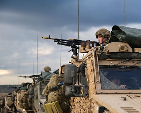 British Soldiers assigned to 7th Light Mechanized Brigade Combat Team patrol in Jackal armored vehicles during exercise Steadfast Defender 24 at the Drawsko Training Ground in Drawsko Pomorskie, Poland.
