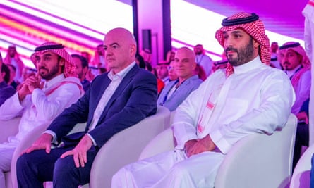 Fifa’s president, Gianni Infantino, sits with Saudi Arabia’s crown prince, Mohammed bin Salman, in Riyadh at an esports tournament’s launch