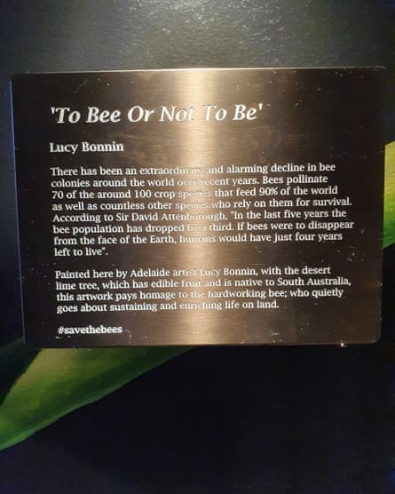 The plaque that once accompanied a bee mural at Westfield Tea Tree Plaza shopping centre in Adelaide.