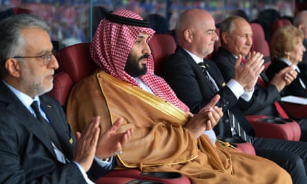Crown Prince Mohammed bin Salman watching the 2018 World Cup in Moscow.