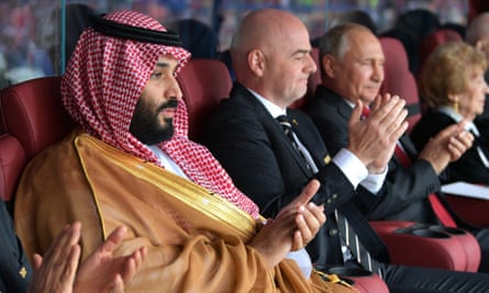 Saudi Arabia's Crown Prince, Mohammed bin Salman, Fifa president, Gianni Infantino, and Russia's president Vladimir Putin during the opening ceremony of the 2018 World Cup