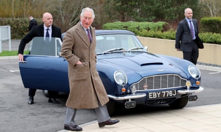 Charles, complete with Aston Martin DB6 Volante, visits the car maker’s new factory in St Athan, Wales, on 21 February 2020.