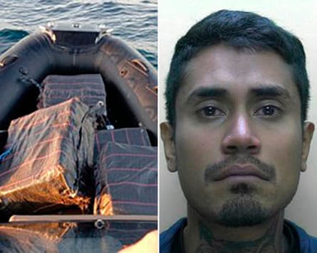 A composite image of bales of cocaine wrapped in black plastic in the prow of a dinghy and a mugshot