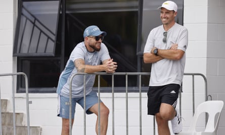 England coach Brendon McCullum shares a joke with New Zealand captain Tim Southee last week.