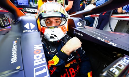 Max Verstappen prepares to drive in the garage during practice for the Bahrain GP.