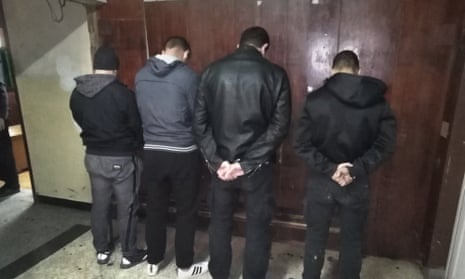 A photo released by the Bulgarian Interior Ministry shows four people allegedly arrested on charges relating to disturbances at the Bulgaria v England game.