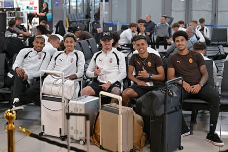 Shakhtar Donetsk players wait for their flight at Rzeszow airport.