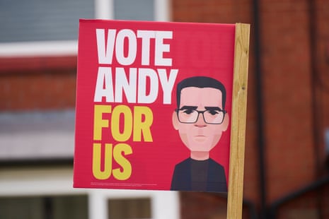 A Stanley Chow-designed poster for Andy Burnham outside a house in Ashton-in-Makerfield