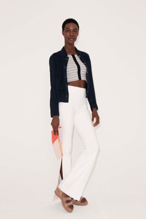 black and white striped crop top Topshop, black cropped jacket Whistles, white high waisted trousers Solace London from Net-A-Porter, pale brown low sandals All Saints, orange and white clutch bag Clare V from Net-A-Porter