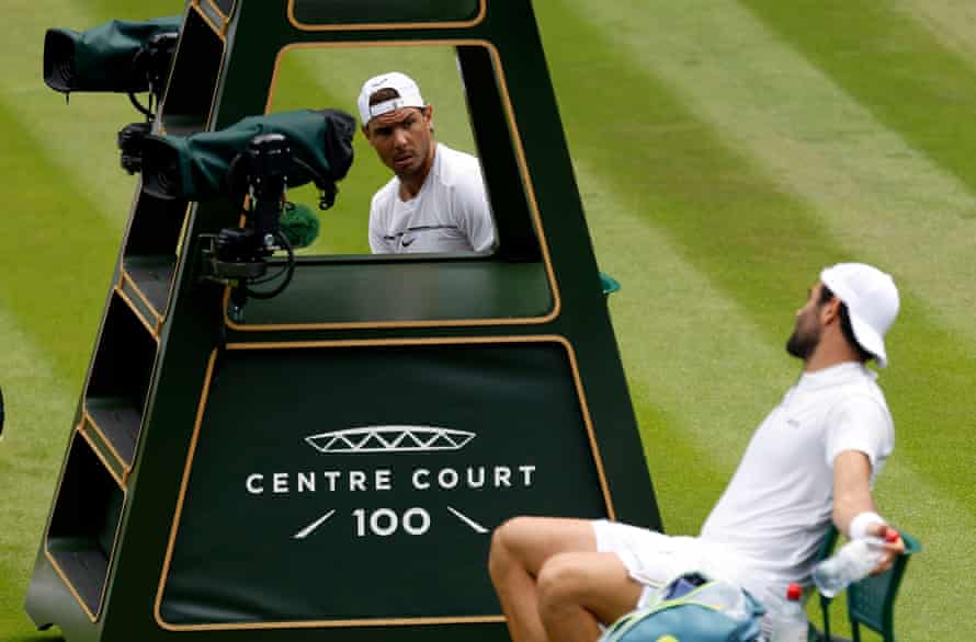 Rafael Nadal and Matteo Berrettini during practice on Centre Court before the tournament.