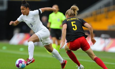 England’s striker Demi Stokes (left) vies with Belgium’s striker Sarah Wijnants during the Women’s friendly at Molineux.