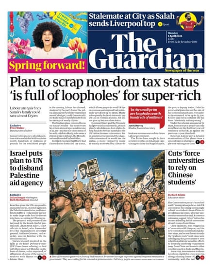 Guardian front page, Monday 1 April 2024