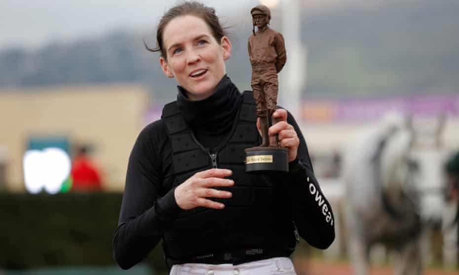 Rachael Blackmore with the Ruby Walsh trophy as leading jockey of the Cheltenham Festival after her six victories.