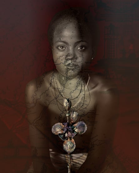 AI image of a 17th-century warrior princess from Kongo with a flower design on her chest