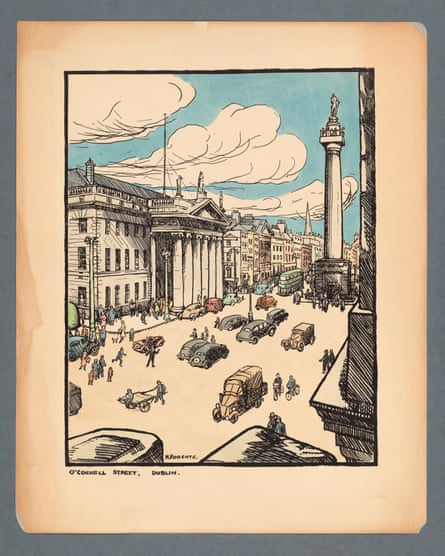Cuala Press hand-coloured print of Dublin’s O’Connell Street in the early 20th century.