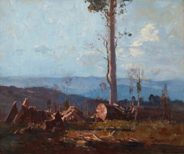A painting of a lone gum tree on top of a mountain with lots of cut logs on the grass around it